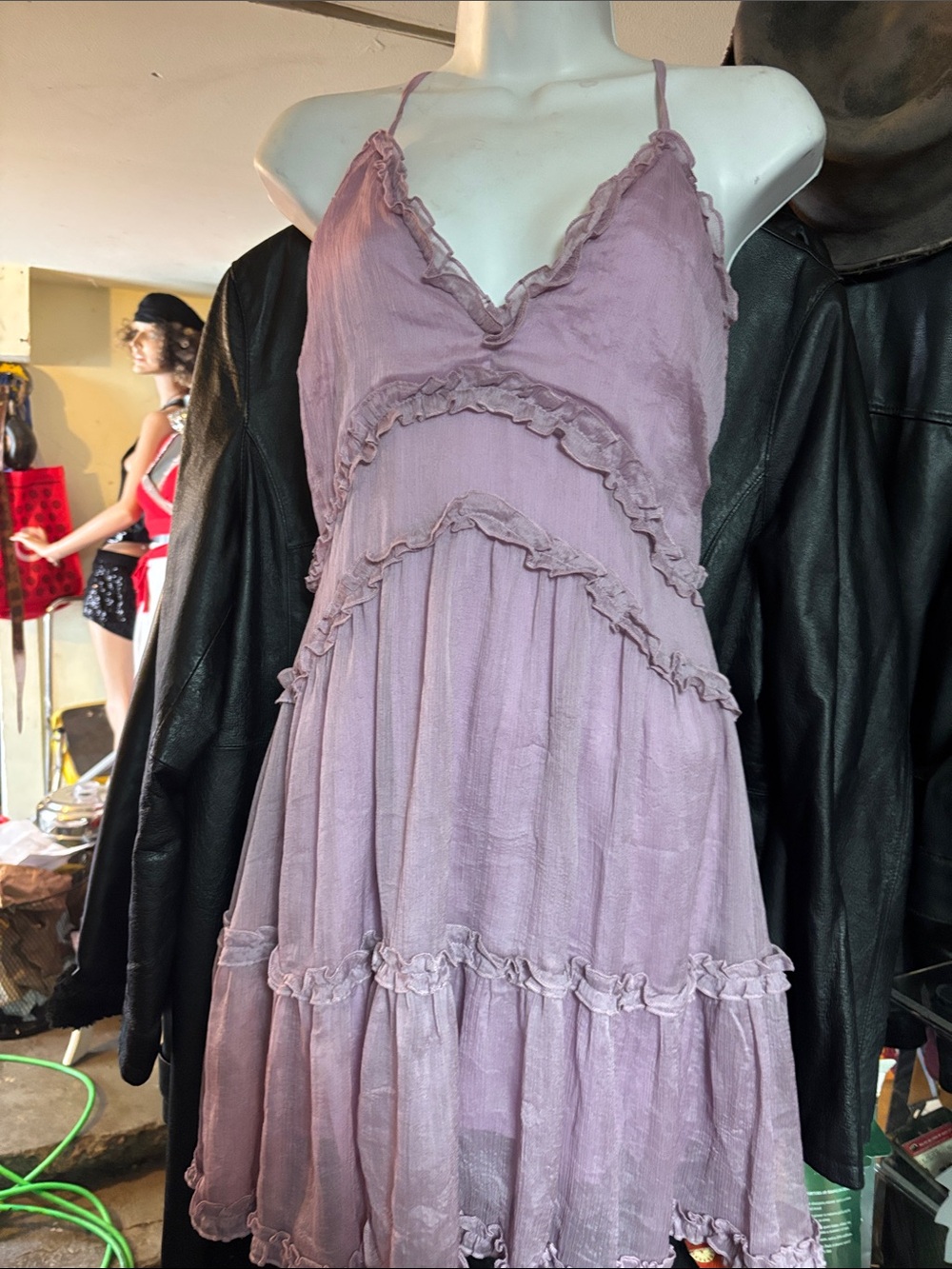 Lace-Trim Spaghetti Strap Dress in Dusty Lavender